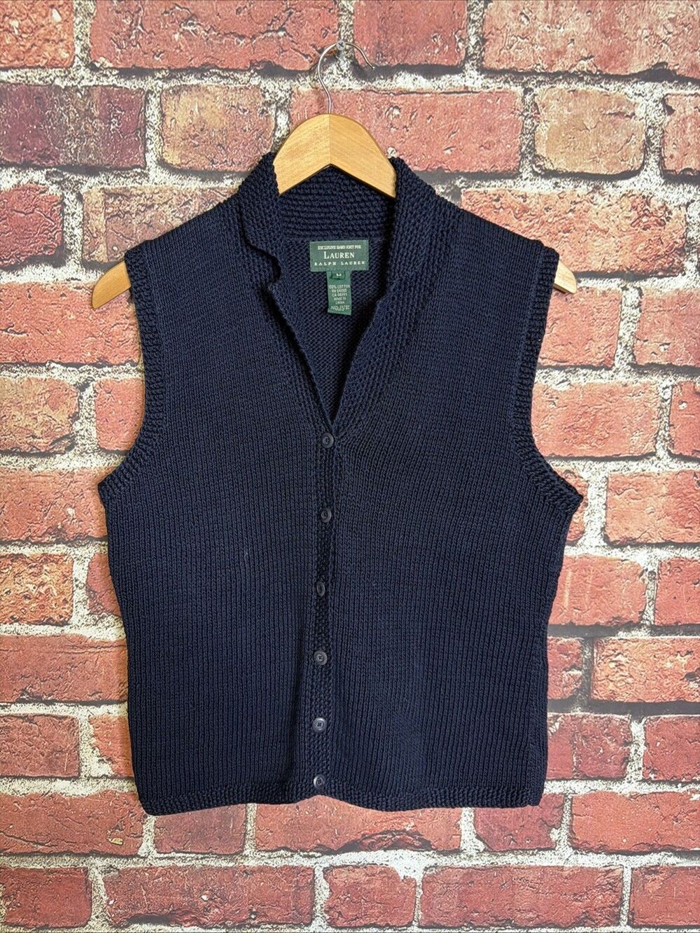 LAUREN RALPH LAUREN HAND KNIT Womens Blue Heavyweight Button Down Vest Medium
